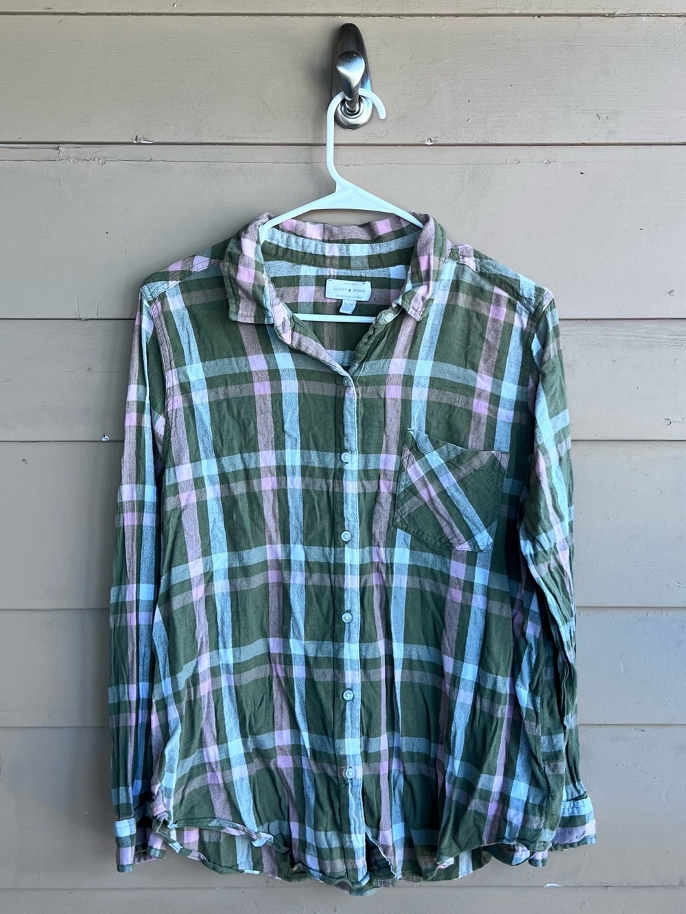 Lucky Brand Plaid Collared Button Down Shirt XL Green Pink Peasant Boho Hippie
